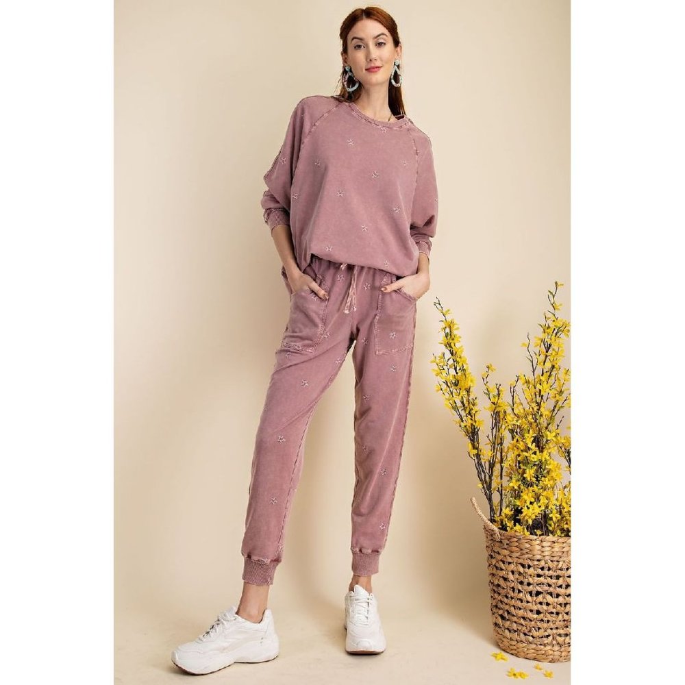 easel Mauve Embroidered Jogger Set - Dusty Rose Two-Piece